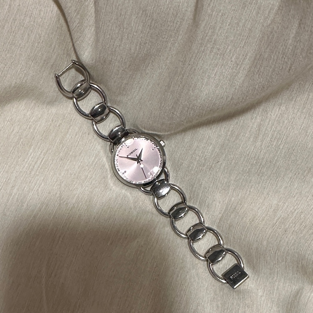 Fossil Pink Dial Silver Chain Watch